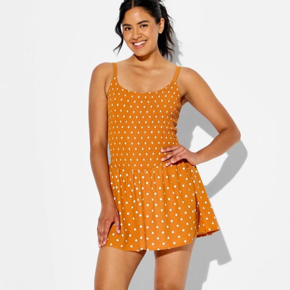 Women's Polka Dot Smocked Dress - JoyLab Burnt Orange Polka Dot XS